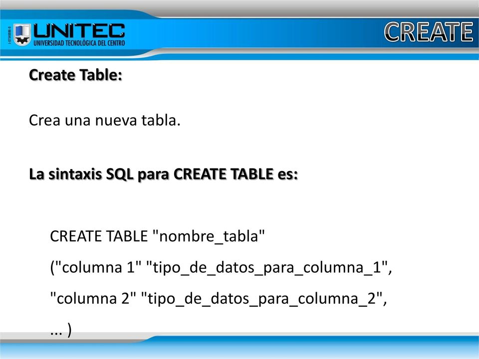 TABLE "nombre_tabla" ("columna 1"