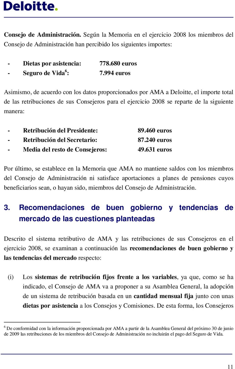 994 euros Asimismo, de acuerdo con los datos proporcionados por AMA a Deloitte, el importe total de las retribuciones de sus Consejeros para el ejercicio 2008 se reparte de la siguiente manera: -