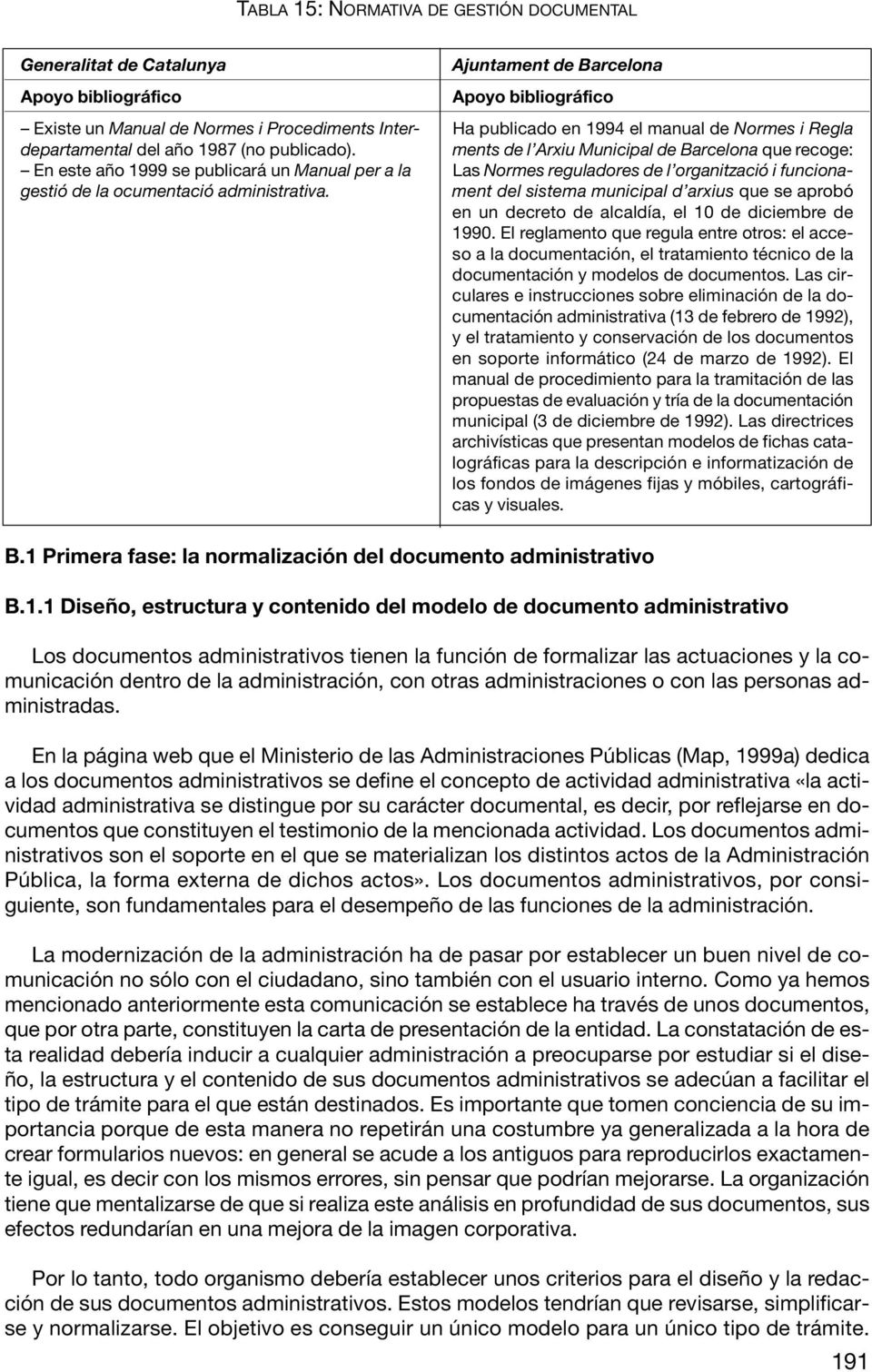 ments de l Arxiu Municipal de Barcelona que recoge: En este año 1999 se publicará un Manual per a la Las Normes reguladores de l organització i funcionagestió de la ocumentació administrativa.