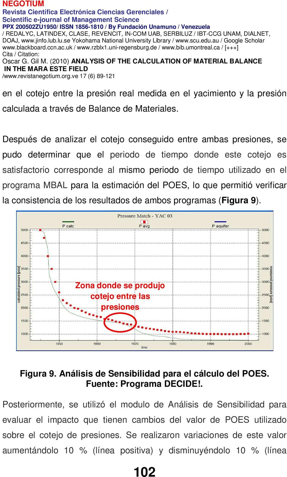 programa MBAL para la estimación del POES, lo que permitió verificar la consistencia de los resultados de ambos programas (Figura 9). Zona donde se produjo cotejo entre las presiones Figura 9.