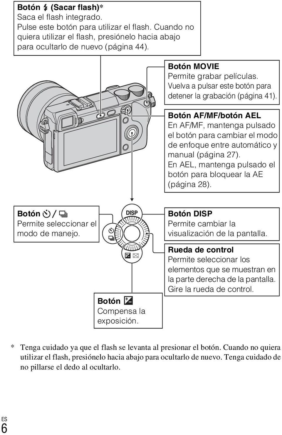 Botón AF/MF/botón AEL En AF/MF, mantenga pulsado el botón para cambiar el modo de enfoque entre automático y manual (página 27). En AEL, mantenga pulsado el botón para bloquear la AE (página 28).