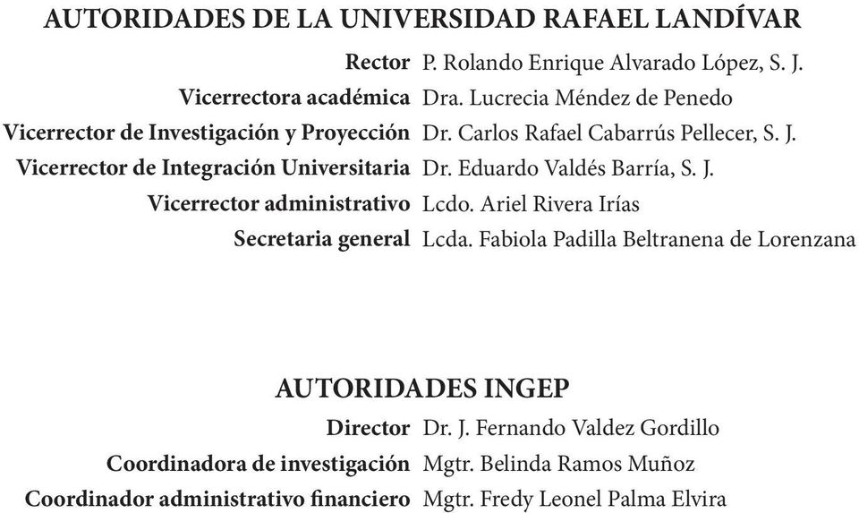 Vicerrector de Integración Universitaria Dr. Eduardo Valdés Barría, S. J. Vicerrector administrativo Lcdo. Ariel Rivera Irías Secretaria general Lcda.