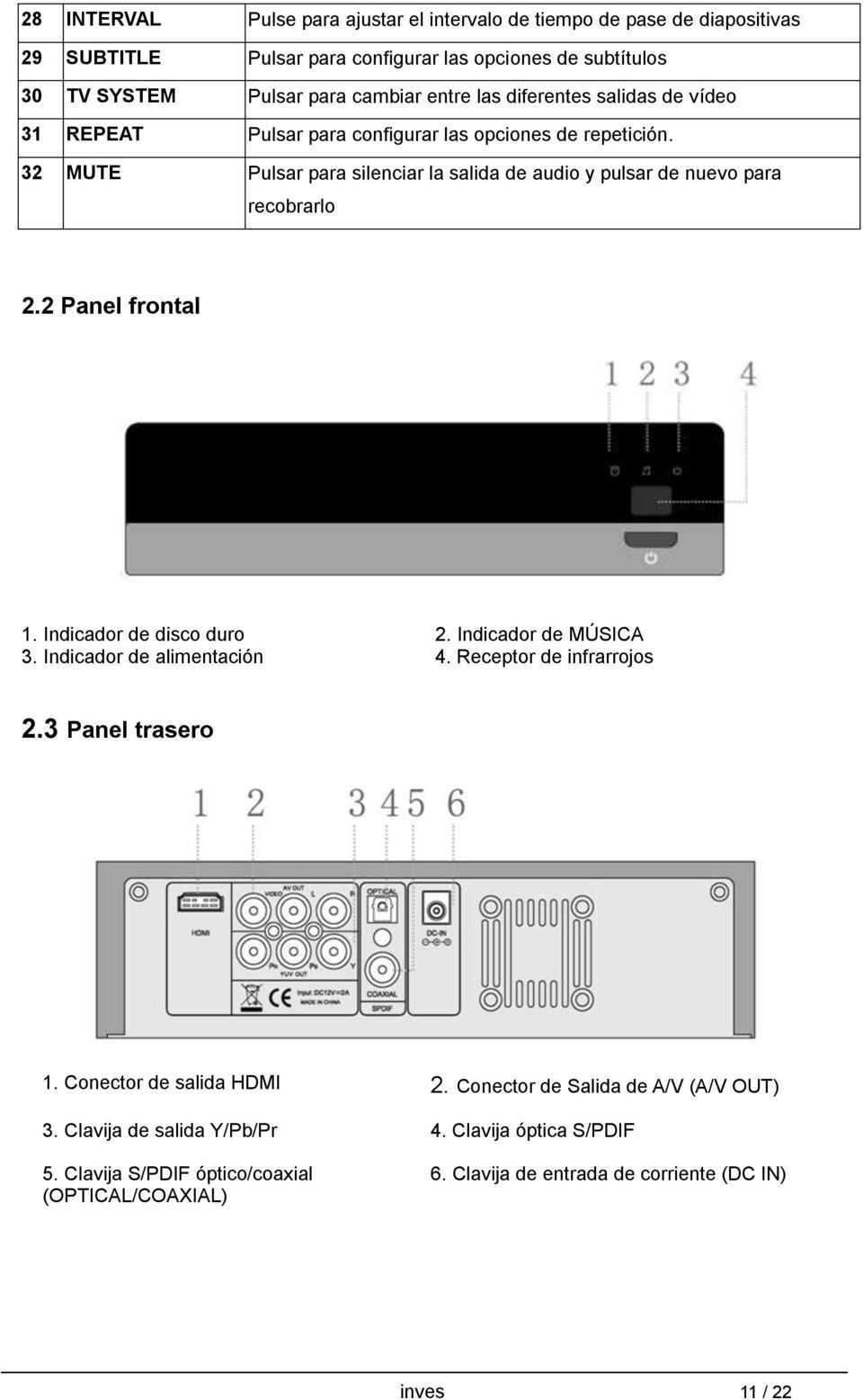 2 Panel frontal 1. Indicador de disco duro 2. Indicador de MÚSICA 3. Indicador de alimentación 4. Receptor de infrarrojos 2.3 Panel trasero 1. Conector de salida HDMI 2.
