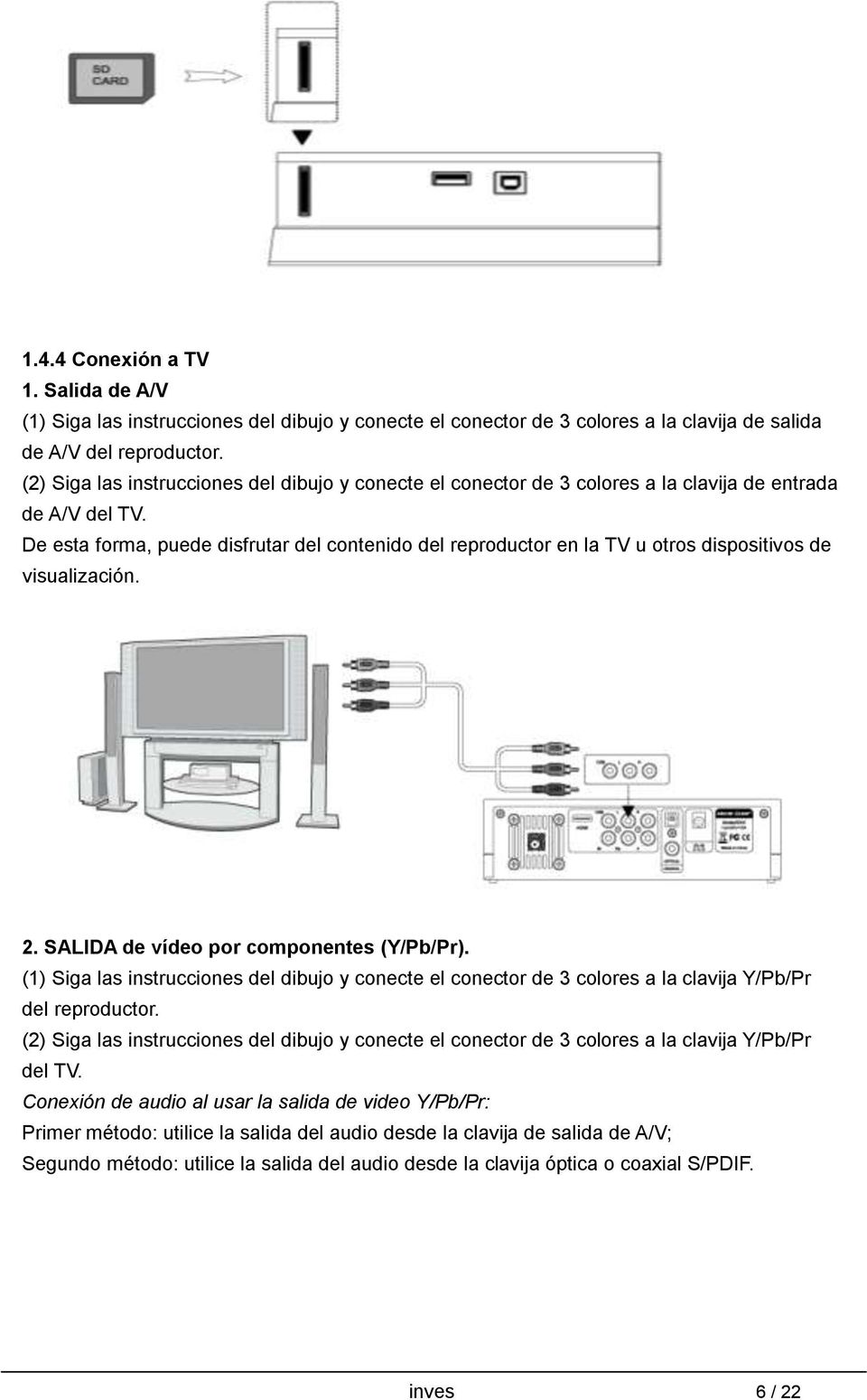 De esta forma, puede disfrutar del contenido del reproductor en la TV u otros dispositivos de visualización. 2. SALIDA de vídeo por componentes (Y/Pb/Pr).