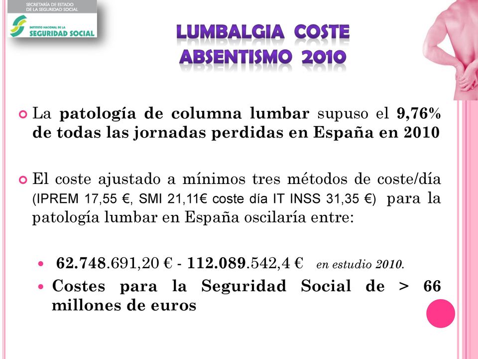 coste día IT INSS 31,35 ) para la patología lumbar en España oscilaría entre: 62.748.