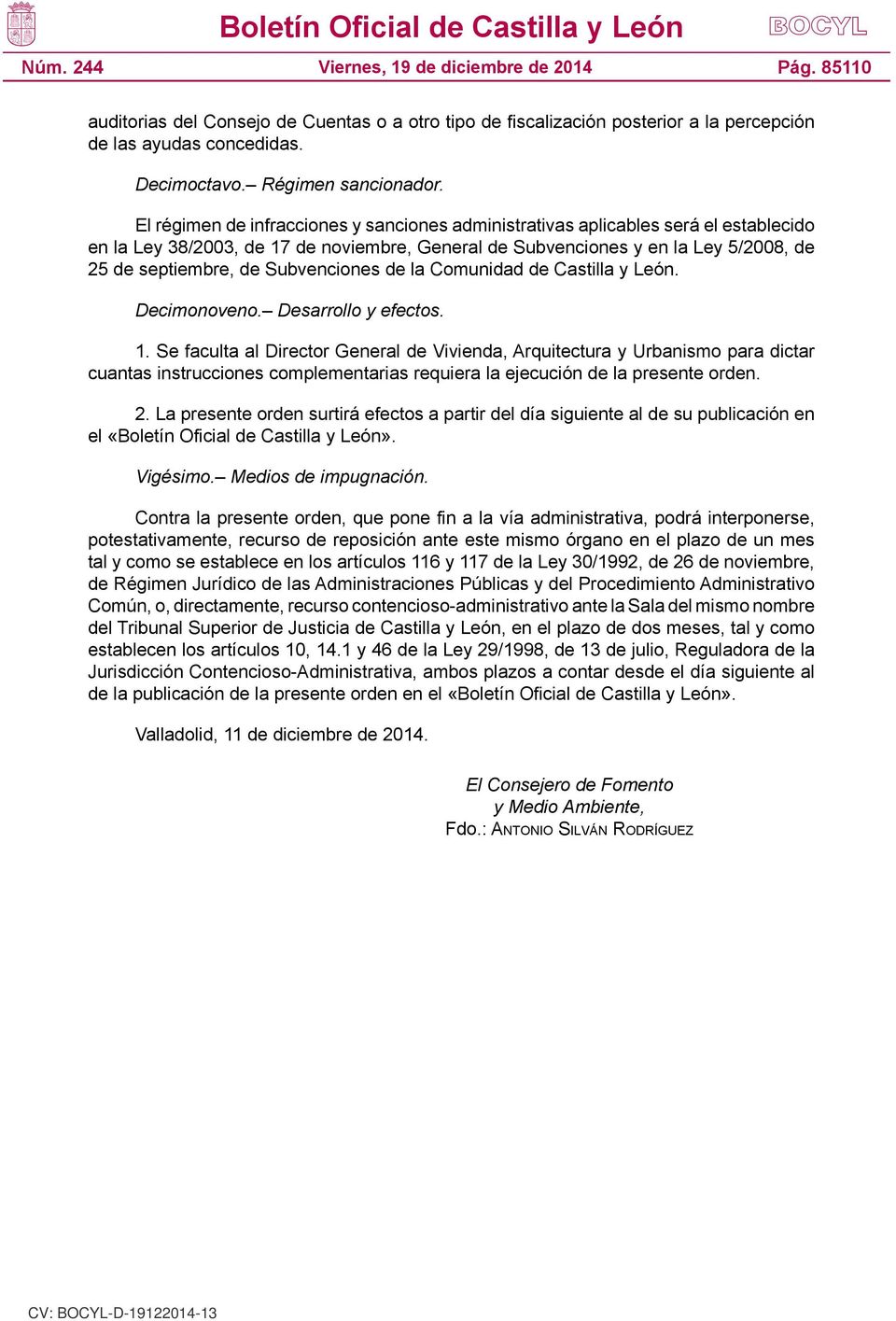Subvenciones de la Comunidad de Castilla y León. Decimonoveno. Desarrollo y efectos. 1.