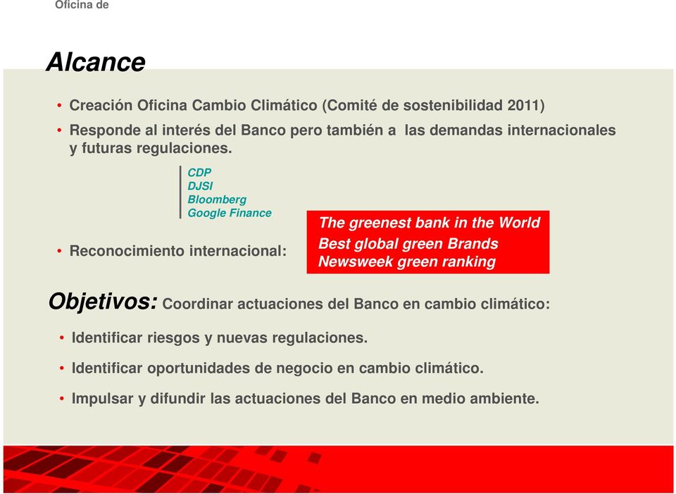 CDP DJSI Bloomberg Google Finance Reconocimiento internacional: The greenest bank in the World Best global green Brands Newsweek