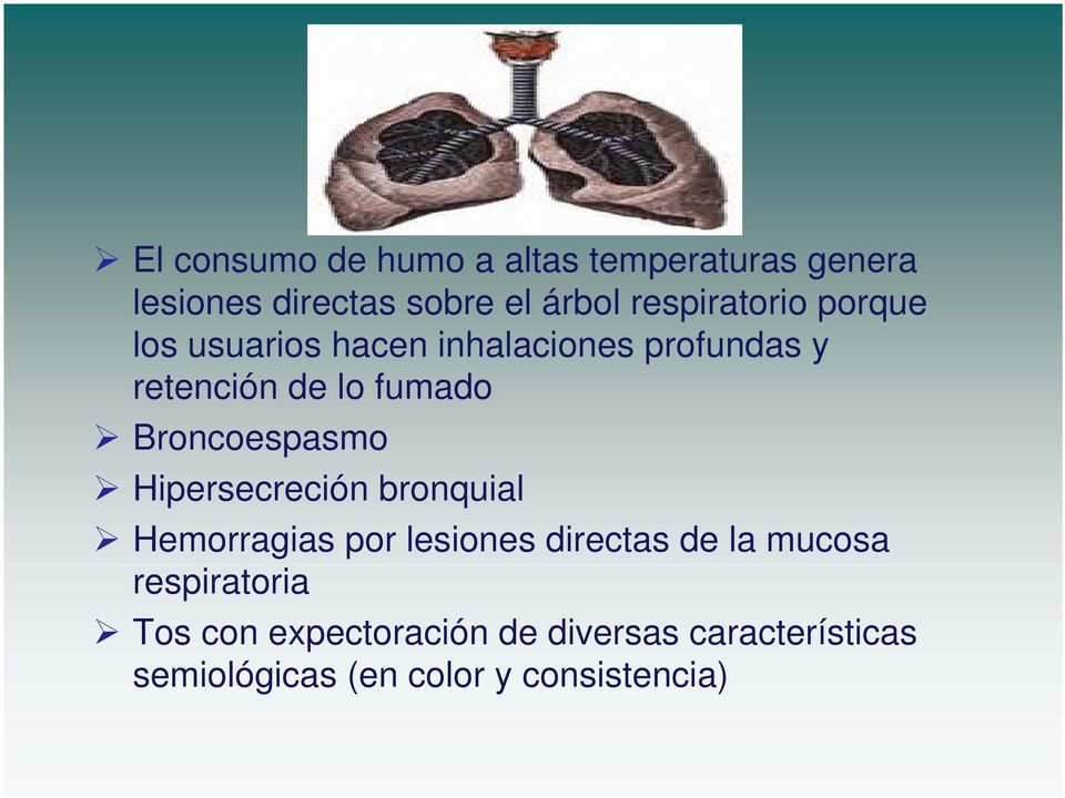 Broncoespasmo Hipersecreción bronquial Hemorragias por lesiones directas de la mucosa