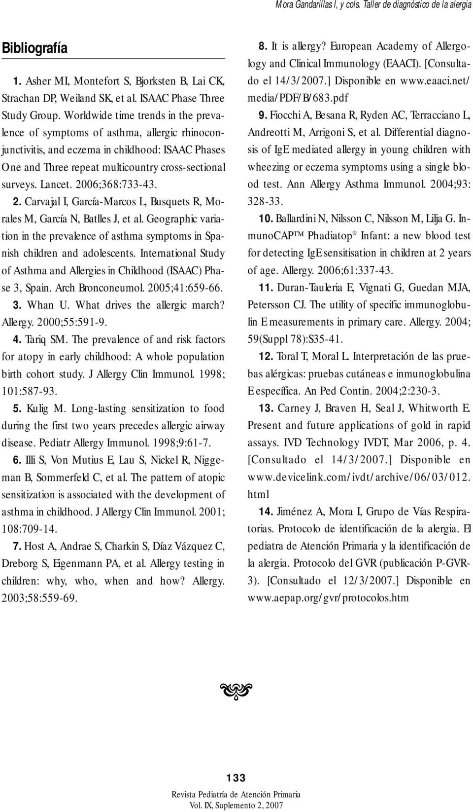 2006;368:733-43. 2. Carvajal I, García-Marcos L, Busquets R, Morales M, García N, Batlles J, et al. Geographic variation in the prevalence of asthma symptoms in Spanish children and adolescents.