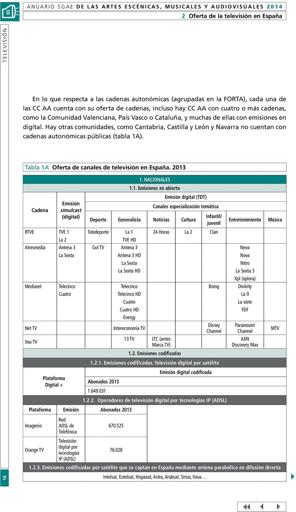 Hay otras comunidades, como Cantabria, Castilla y León y Navarra no cuentan con cadenas autonómicas públicas (tabla 1A). Tabla 1A Oferta de canales de televisión en España.
