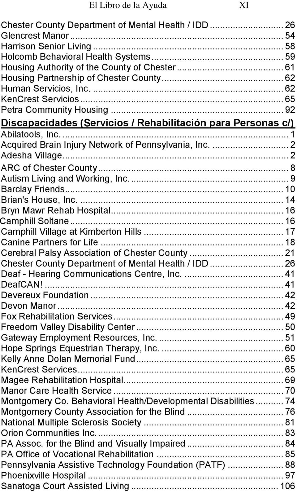 .. 92 Discapacidades (Servicios / Rehabilitación para Personas c/) Abilatools, Inc.... 1 Acquired Brain Injury Network of Pennsylvania, Inc.... 2 Adesha Village... 2 ARC of Chester County.