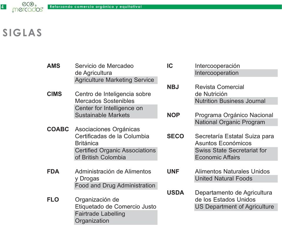 Orgánicas Certificadas de la Columbia Británica Certified Organic Associations of British Colombia IC NBJ NOP SECO Intercooperación Intercooperation Revista Comercial de Nutrición Nutrition Business