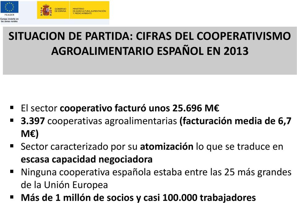 397 cooperativas agroalimentarias (facturación media de 6,7 M ) Sector caracterizado por su atomización
