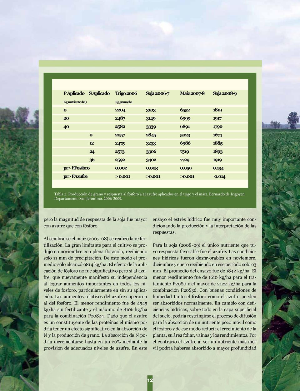 Producción de grano y respuesta al fósforo a al azufre aplicados en el trigo y el maíz. Bernardo de Irigoyen. Departamento San Jerónimo. 2006-2009.