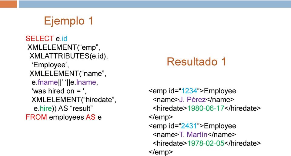 hire)) AS result FROM employees AS e Resultado 1 <emp id= 1234 >Employee <name>j.