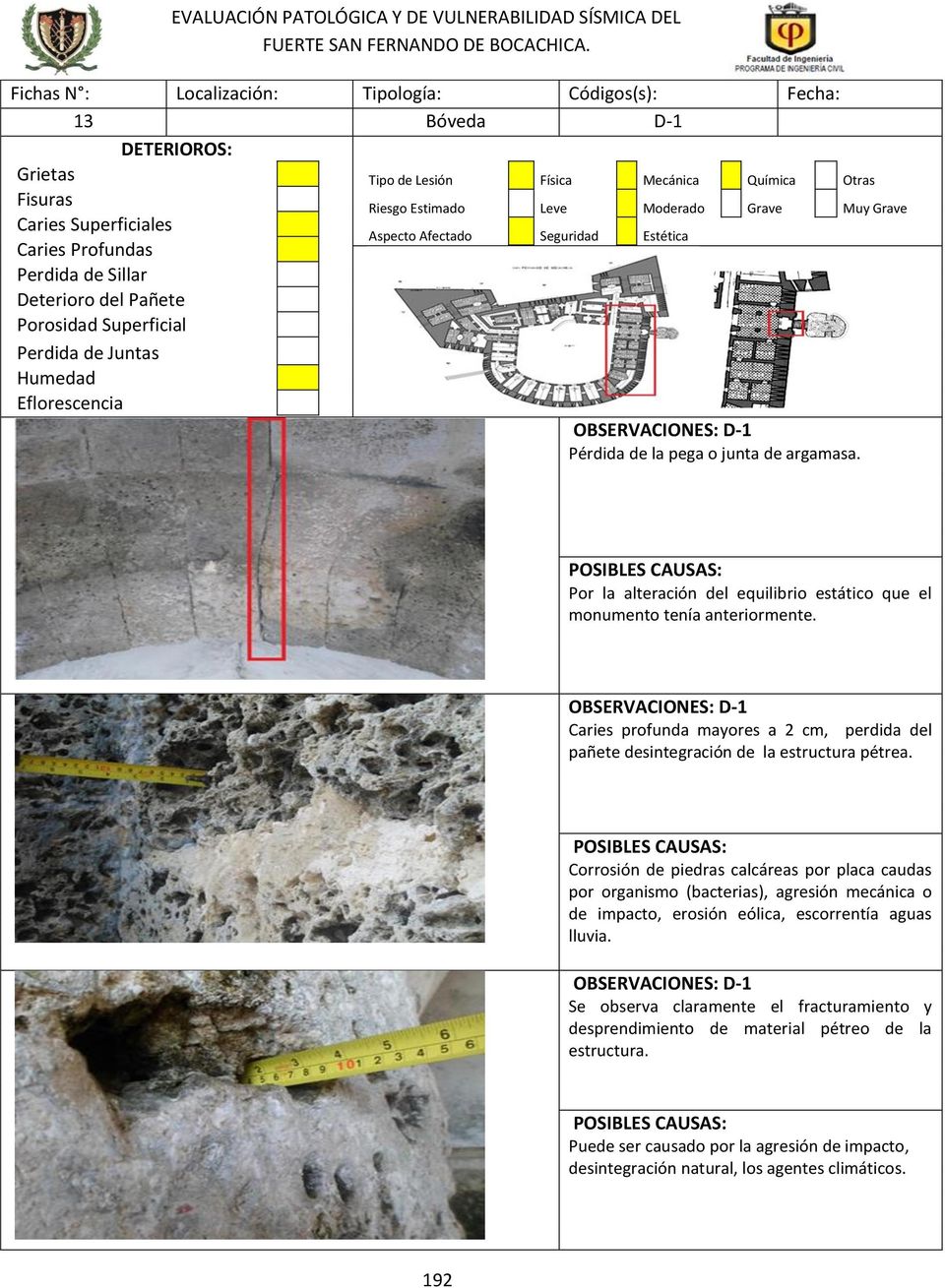 Corrosión de piedras calcáreas por placa caudas por organismo (bacterias), agresión mecánica o de impacto, erosión eólica, escorrentía aguas