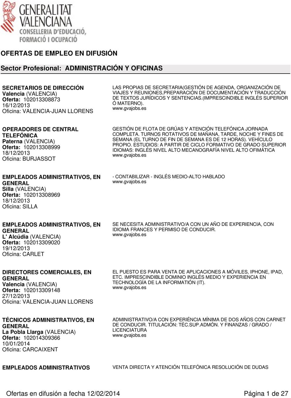 OPERADORES DE CENTRAL TELEFÓNICA Paterna (VALENCIA) Oferta: 102013308999 18/12/2013 Oficina: BURJASSOT GESTIÓN DE FLOTA DE GRÚAS Y ATENCIÓN TELEFÓNICA JORNADA COMPLETA.