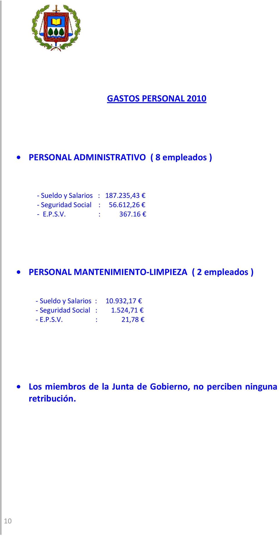 16 PERSONAL MANTENIMIENTO-LIMPIEZA ( 2 empleados ) - Sueldo y Salarios : 10.
