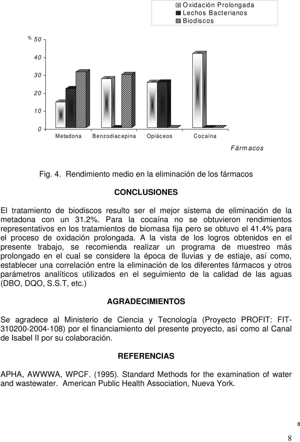 Para la cocaína no se obtuvieron rendimientos representativos en los tratamientos de biomasa fija pero se obtuvo el 41.4% para el proceso de oxidación prolongada.