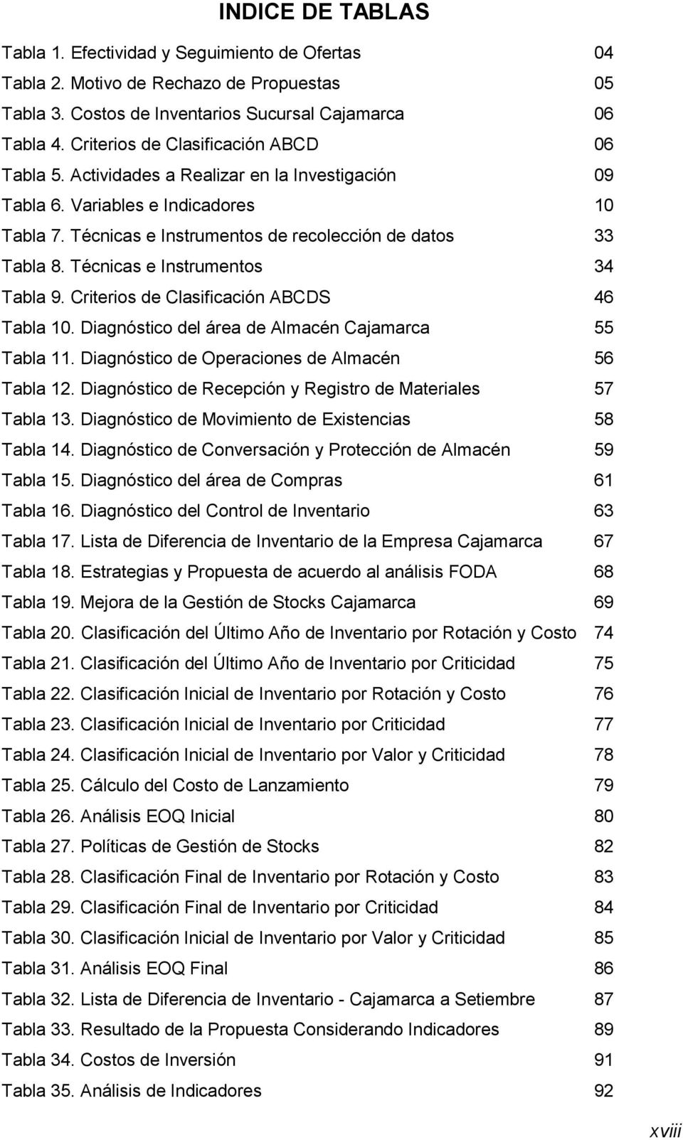 Técnicas e Instrumentos 34 Tabla 9. Criterios de Clasificación ABCDS 46 Tabla 10. Diagnóstico del área de Almacén Cajamarca 55 Tabla 11. Diagnóstico de Operaciones de Almacén 56 Tabla 12.