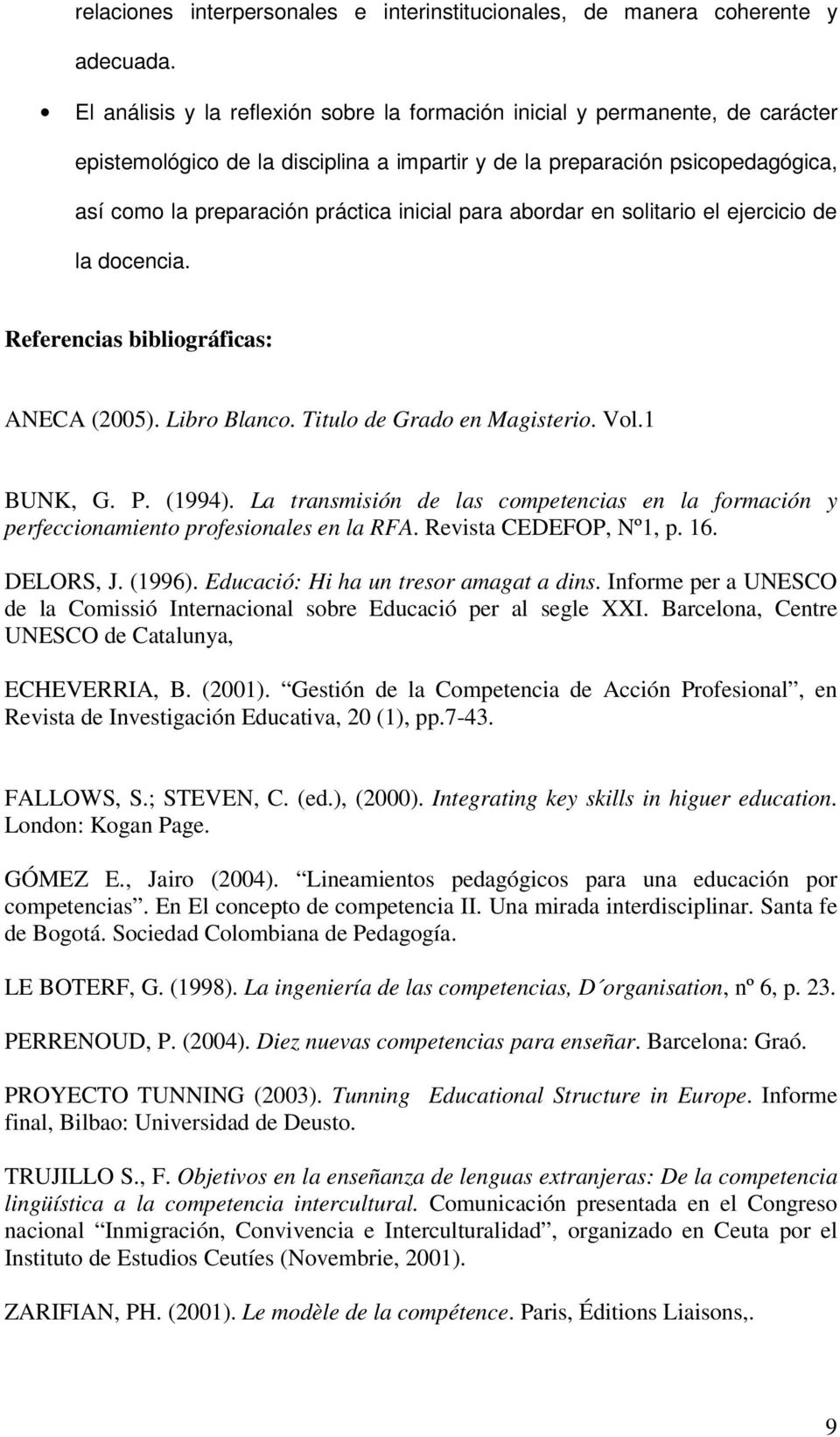 inicial para abordar en solitario el ejercicio de la docencia. Referencias bibliográficas: ANECA (2005). Libro Blanco. Titulo de Grado en Magisterio. Vol.1 BUNK, G. P. (1994).