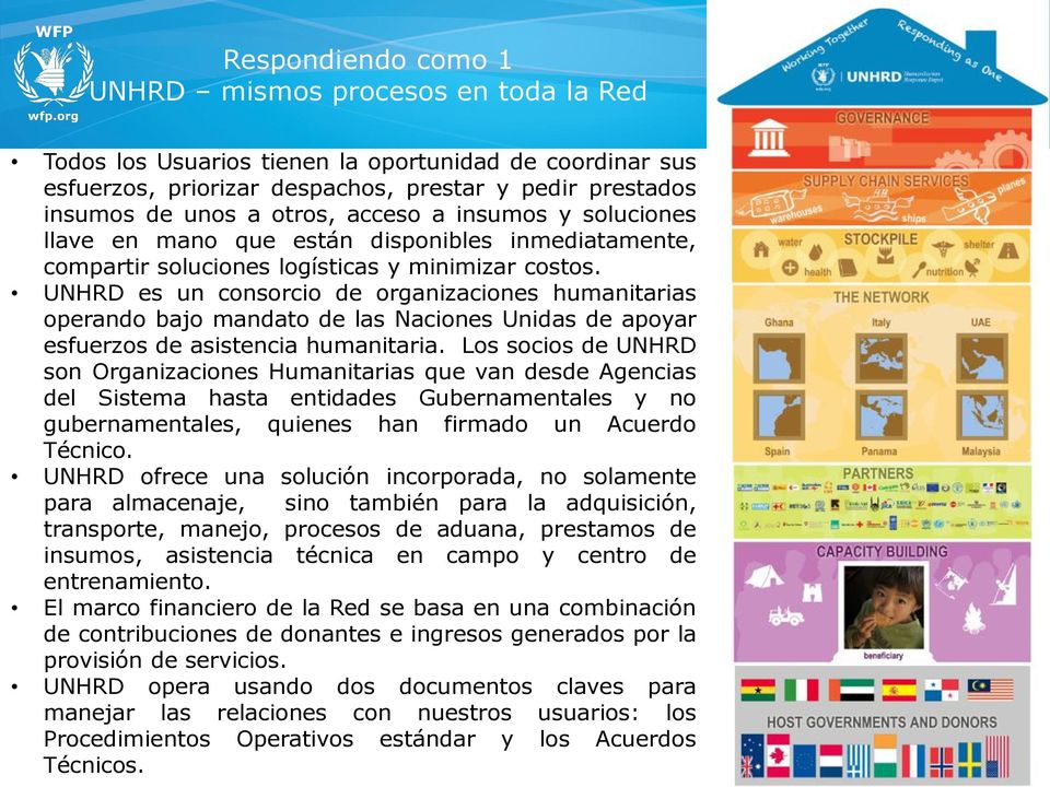UNHRD es un consorcio de organizaciones humanitarias operando bajo mandato de las Naciones Unidas de apoyar esfuerzos de asistencia humanitaria.
