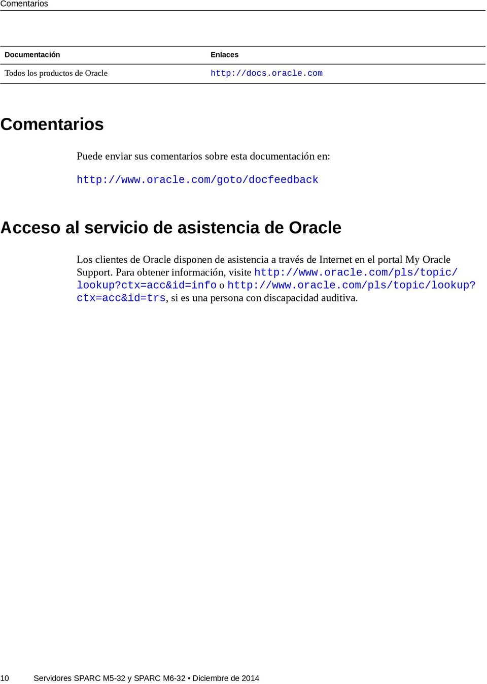com/goto/docfeedback Acceso al servicio de asistencia de Oracle Los clientes de Oracle disponen de asistencia a través de Internet en el portal My