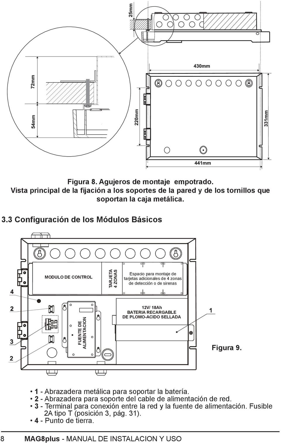 ALIMENTACION 12V/ 18Ah BATERIA RECARGABLE DE PLOMO-ACIDO SELLADA Figura 9. 1 - Abrazadera metálica para soportar la batería.