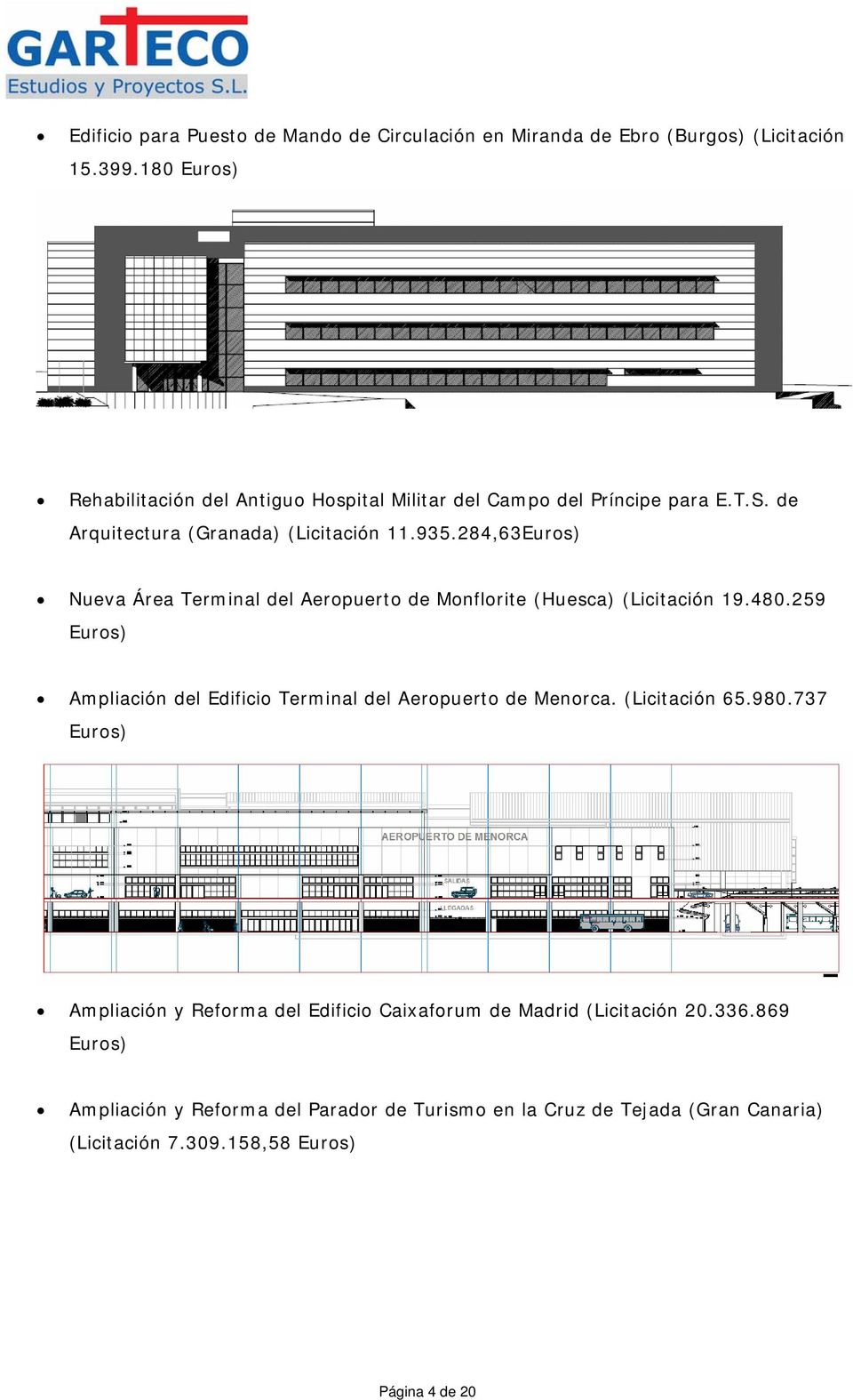 284,63 Nueva Área Terminal del Aeropuerto de Monflorite (Huesca) (Licitación 19.480.259 Ampliación del Edificio Terminal del Aeropuerto de Menorca.