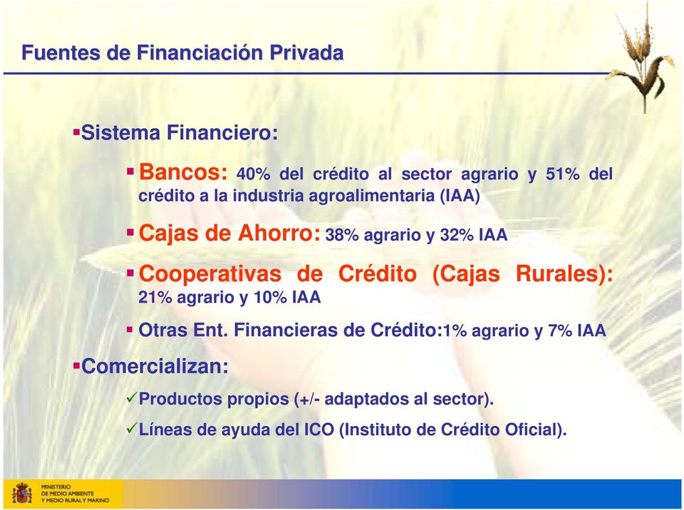 Crédito (Cajas Rurales): 21% agrario y 10% IAA Otras Ent.