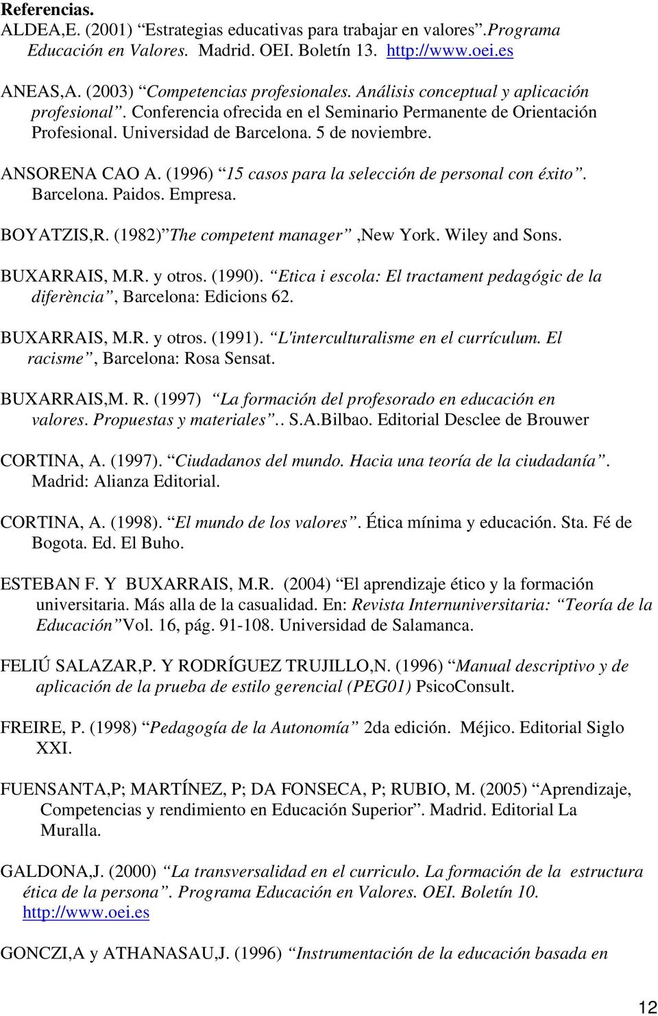 (1996) 15 casos para la selección de personal con éxito. Barcelona. Paidos. Empresa. BOYATZIS,R. (1982) The competent manager,new York. Wiley and Sons. BUXARRAIS, M.R. y otros. (1990).