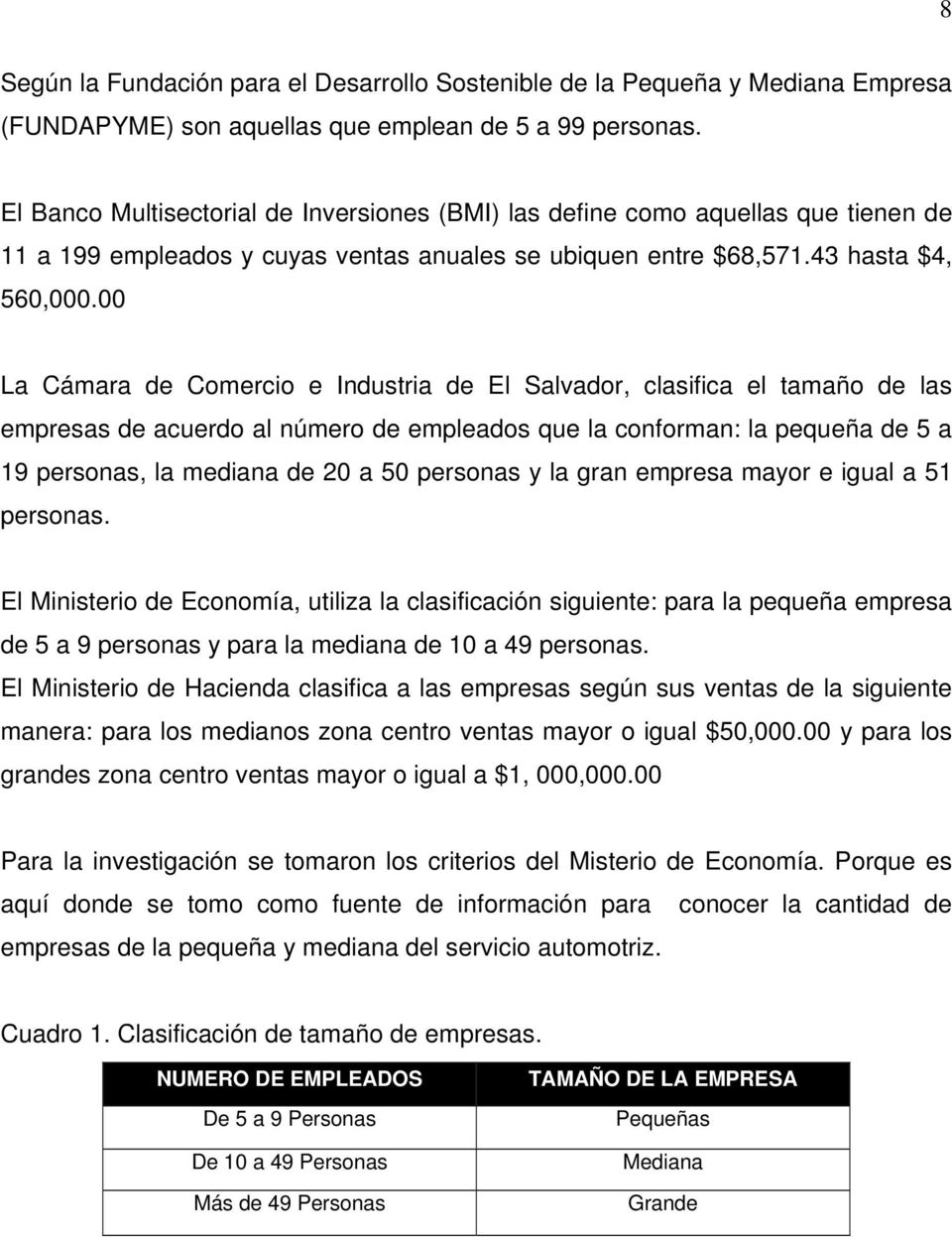 00 La Cámara de Comercio e Industria de El Salvador, clasifica el tamaño de las empresas de acuerdo al número de empleados que la conforman: la pequeña de 5 a 19 personas, la mediana de 20 a 50