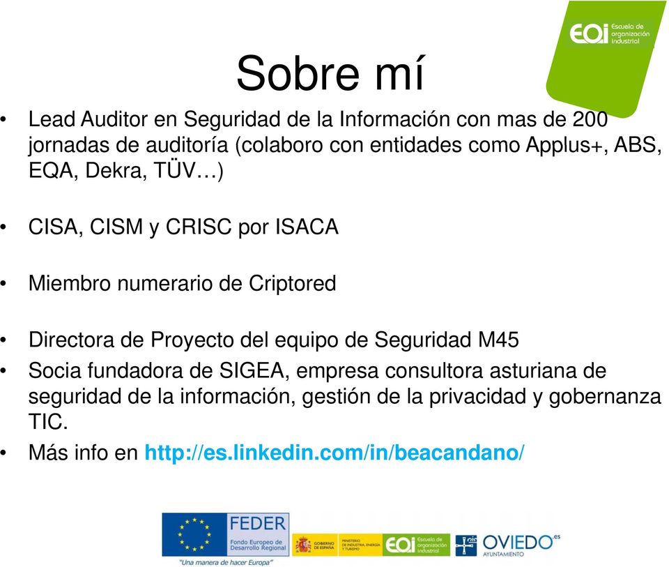 Directora de Proyecto del equipo de Seguridad M45 Socia fundadora de SIGEA, empresa consultora asturiana de