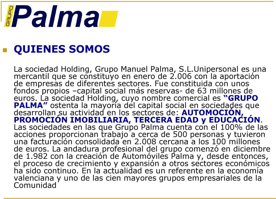 La sociedad Holding, cuyo nombre comercial es GRUPO PALMA ostenta la mayoría del capital social en sociedades que desarrollan su actividad en los sectores de: AUTOMOCIÓN, PROMOCIÓN IMOBILIARIA,
