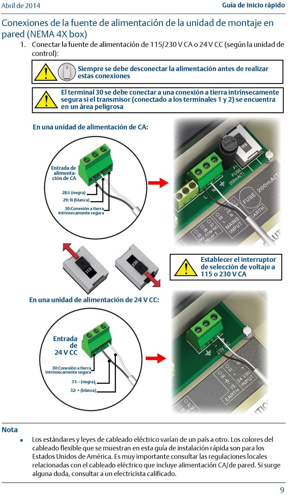 conectar a una conexión a tierra intrínsecamente segura si el transmisor (conectado a los terminales 1 y 2) se encuentra en un área peligrosa En una unidad de alimentación de CA: alimentación de CA