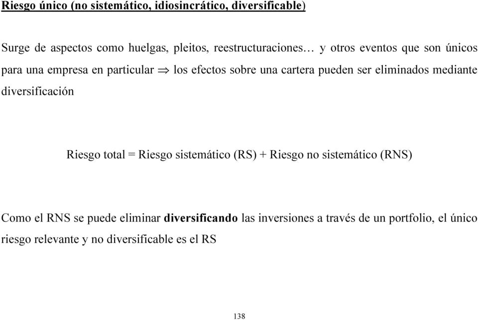 ser eliminados mediante diversificación Riesgo total = Riesgo sistemático (RS) + Riesgo no sistemático (RNS) Como el