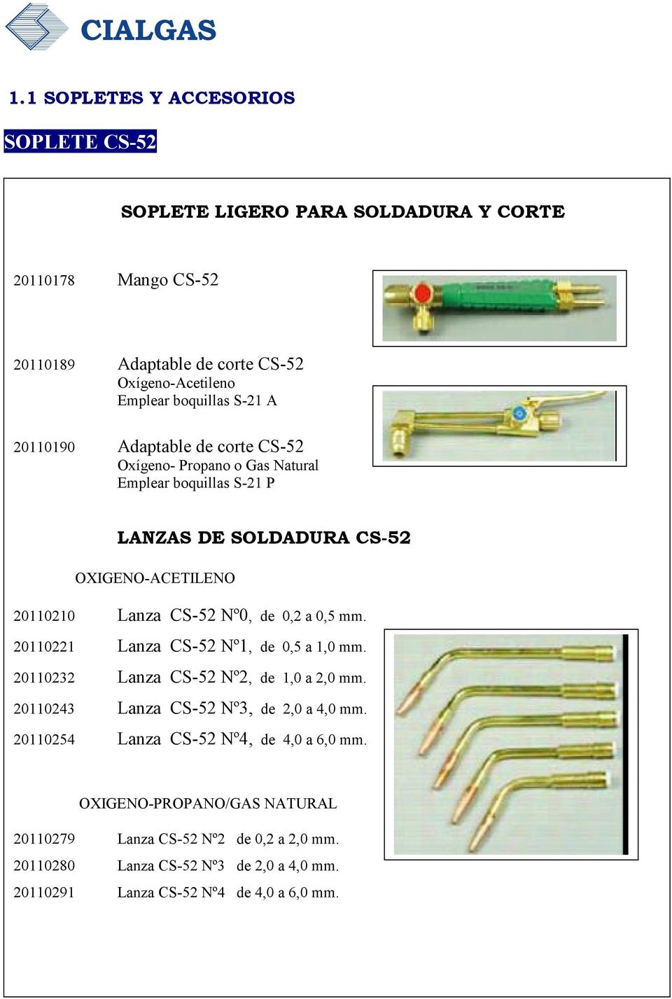 0,5 mm. 20110221 Lanza CS-52 Nº1, de 0,5 a 1,0 mm. 20110232 Lanza CS-52 Nº2, de 1,0 a 2,0 mm. 20110243 Lanza CS-52 Nº3, de 2,0 a 4,0 mm.