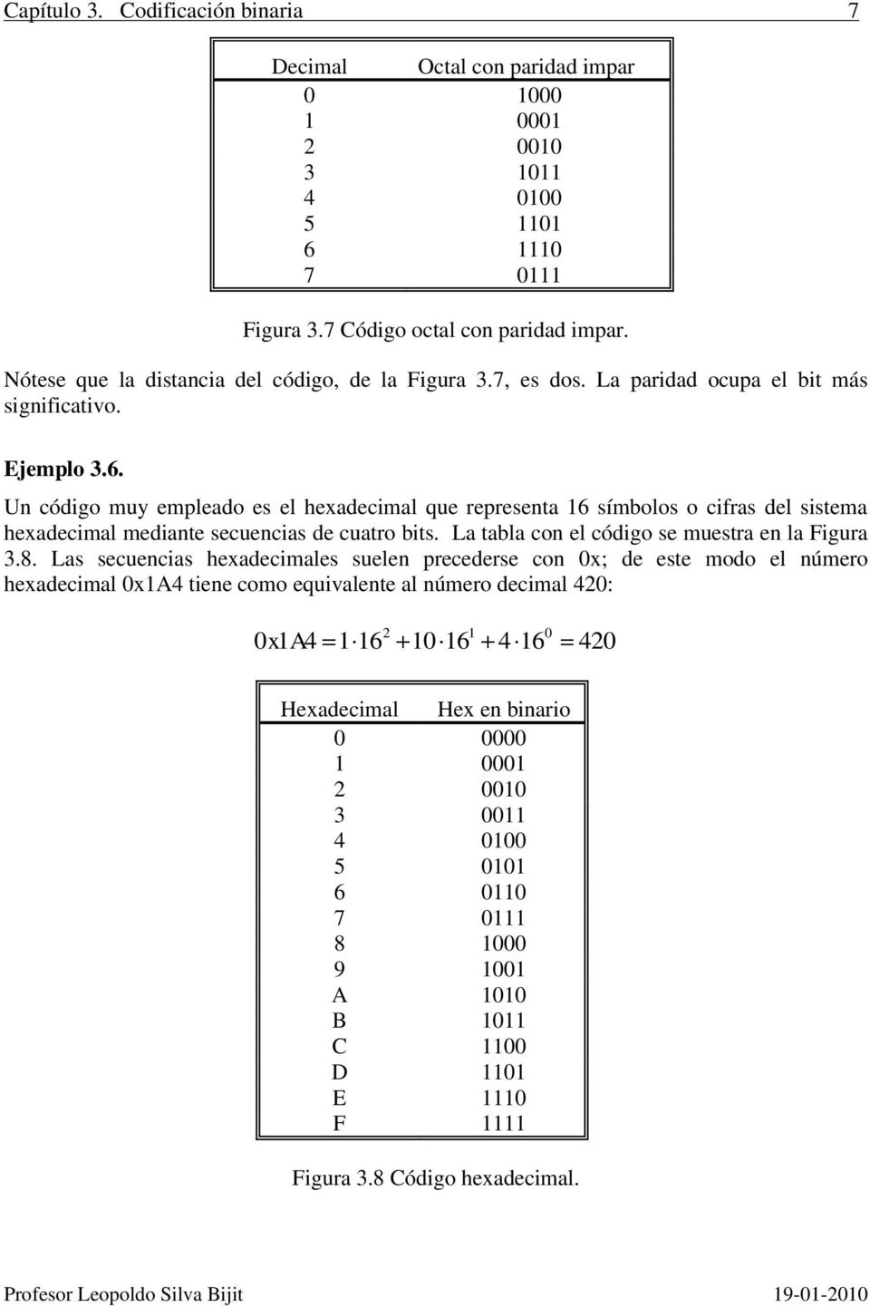 Un código muy empleado es el hexadecimal que representa 16 símbolos o cifras del sistema hexadecimal mediante secuencias de cuatro bits. La tabla con el código se muestra en la Figura 3.8.