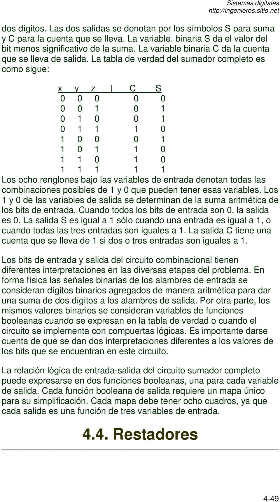 La tabla de verdad del sumador completo es como sigue: x y z C S 0 0 0 0 0 0 0 1 0 1 0 1 0 0 1 0 1 1 1 0 1 0 0 0 1 1 0 1 1 0 1 1 0 1 0 1 1 1 1 1 Los ocho renglones bajo las variables de entrada