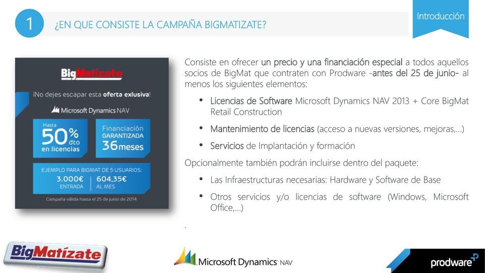 junio- al menos los siguientes elementos: Licencias de Software Microsoft Dynamics NAV 2013 + Core BigMat Retail Construction Mantenimiento de licencias