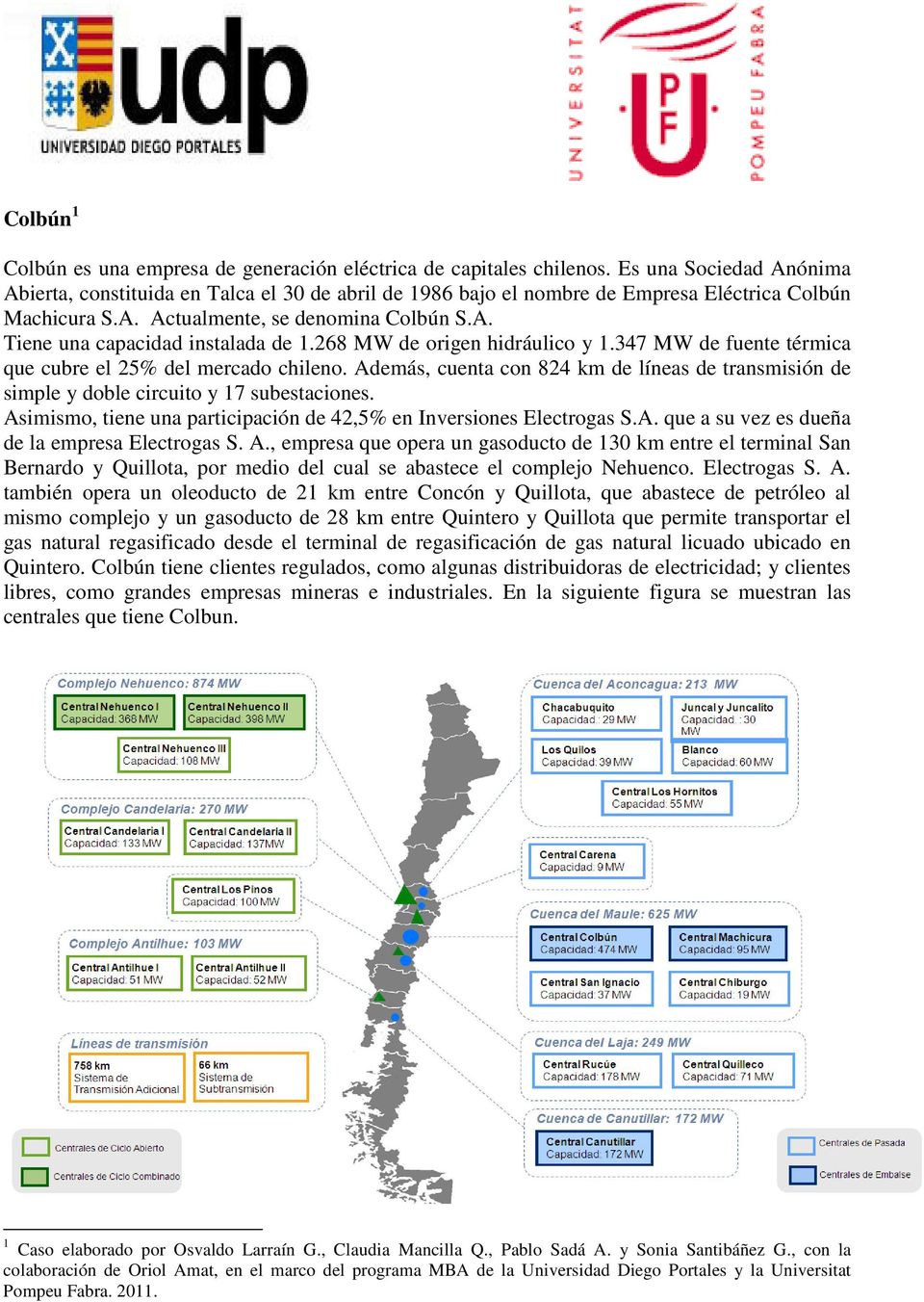 268 MW de origen hidráulico y 1.347 MW de fuente térmica que cubre el 25% del mercado chileno. Además, cuenta con 824 km de líneas de transmisión de simple y doble circuito y 17 subestaciones.