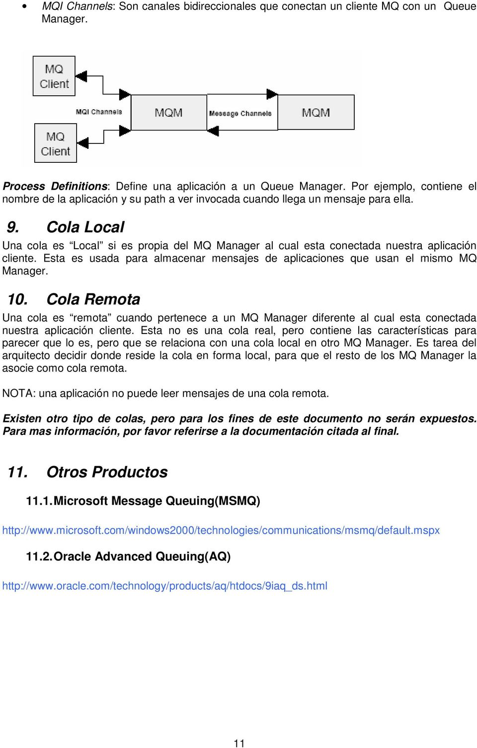 Cola Local Una cola es Local si es propia del MQ Manager al cual esta conectada nuestra aplicación cliente. Esta es usada para almacenar mensajes de aplicaciones que usan el mismo MQ Manager. 10.