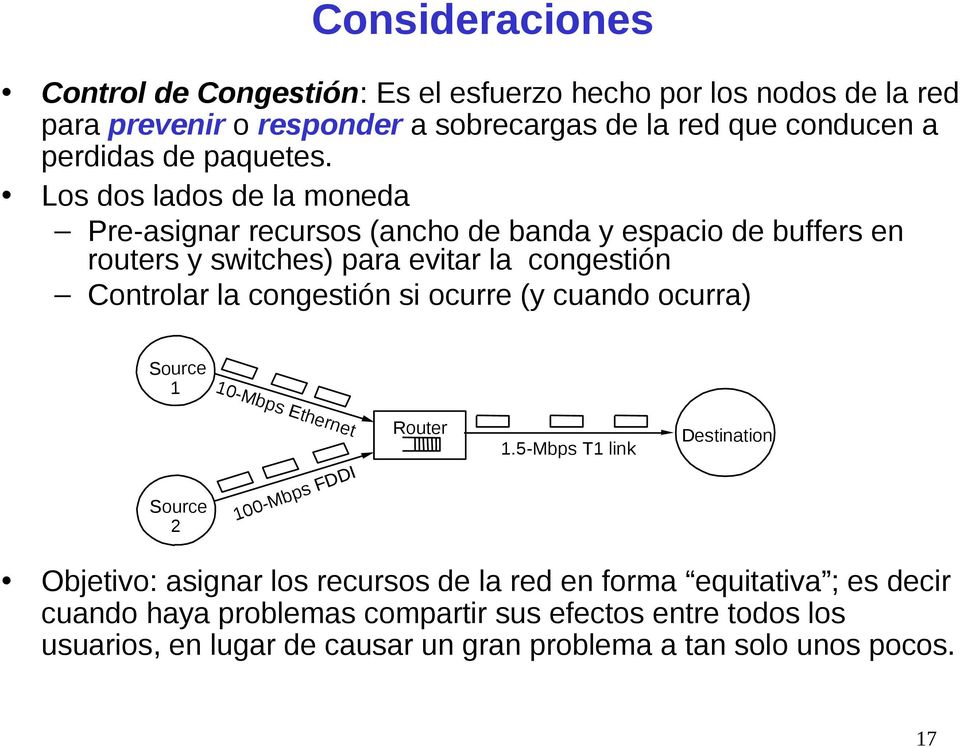 Los dos lados de la moneda Pre-asignar recursos (ancho de banda y espacio de buffers en routers y switches) para evitar la congestión Controlar la congestión si