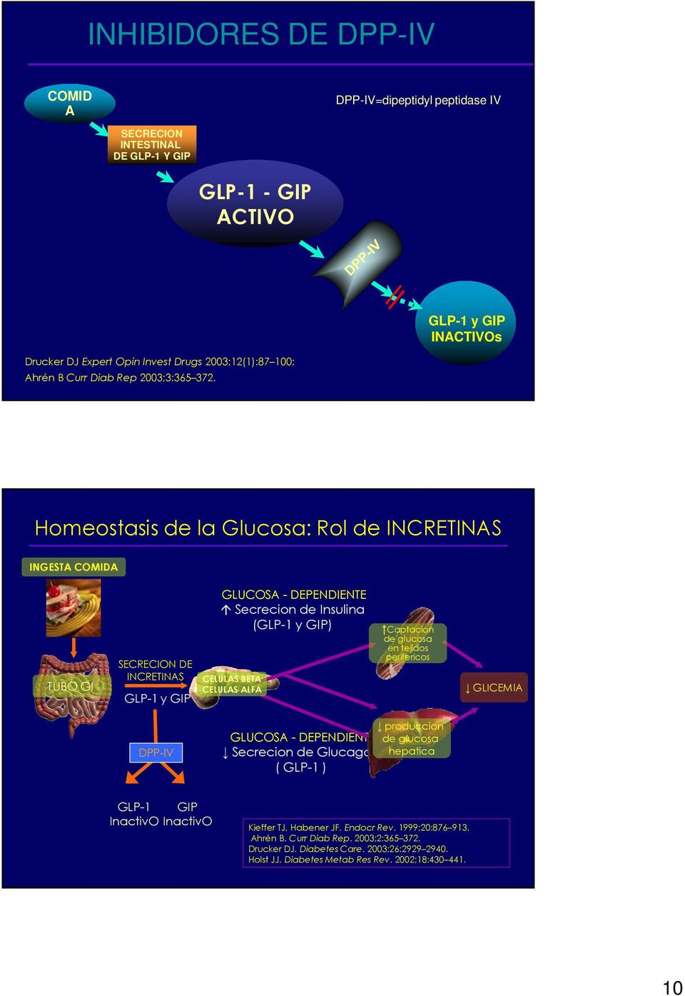 Homeostasis de la Glucosa: Rol de INCRETINAS INGESTA COMIDA TUBO GI SECRECION DE INCRETINAS GLP-1 y GIP GLUCOSA - DEPENDIENTE Secrecion de Insulina (GLP-1 y GIP) CELULAS BETA CELULAS ALFA
