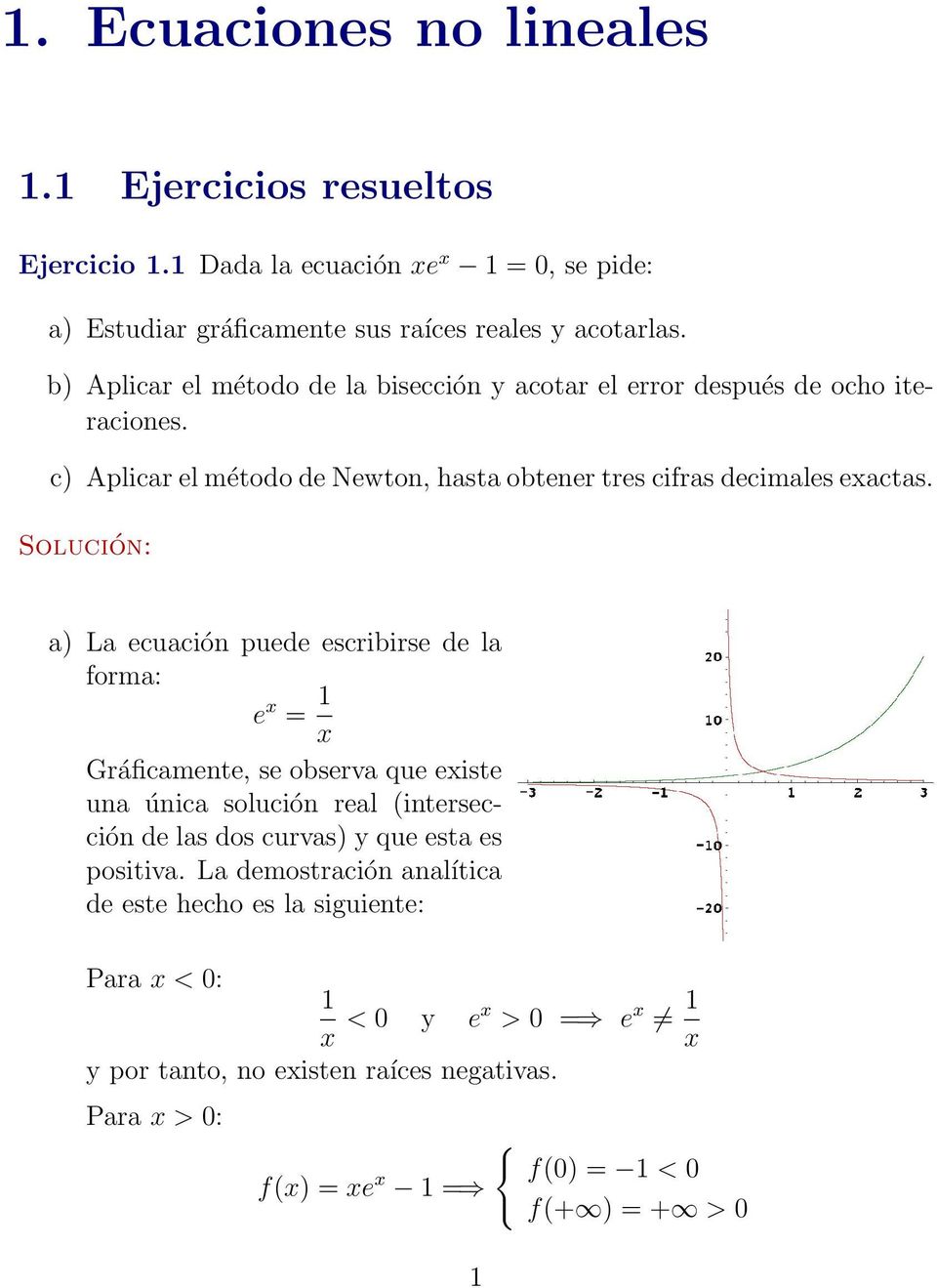 Solución: a) La ecuación puede escribirse de la forma: e x = 1 x Gráficamente, se observa que existe una única solución real (intersección de las dos curvas) y que esta es