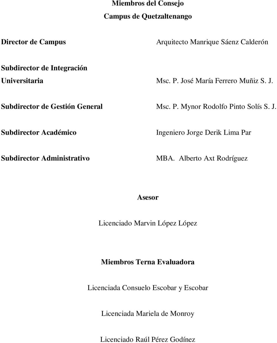 Alberto Axt Rodríguez Asesor Licenciado Marvin López López Miembros Terna Evaluadora Licenciada Consuelo Escobar y Escobar