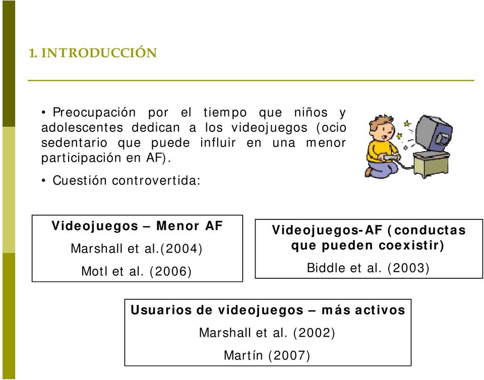 Cuestión controvertida: Videojuegos Menor AF Marshall et al.(2004) Motl et al.