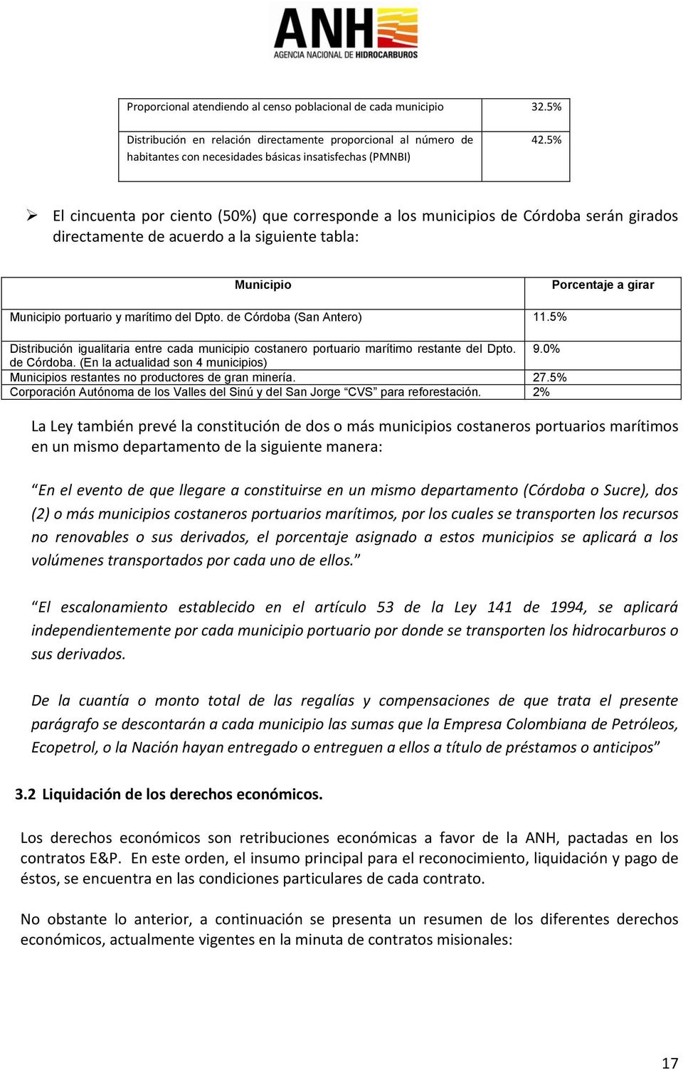 del Dpto. de Córdoba (San Antero) 11.5% Distribución igualitaria entre cada municipio costanero portuario marítimo restante del Dpto. 9.0% de Córdoba.