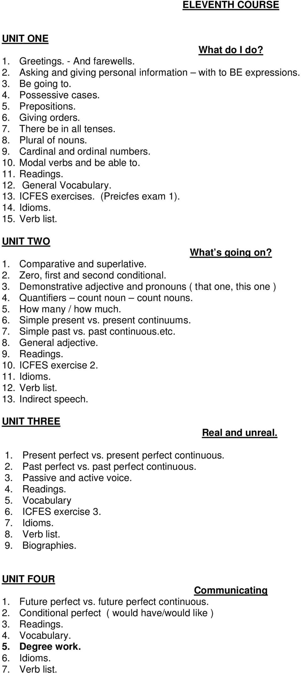 (Preicfes exam 1). 14. Idioms. 15. Verb list. UNIT TWO What s going on? 1. Comparative and superlative. 2. Zero, first and second conditional. 3.