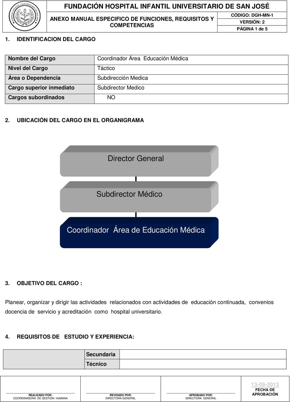 UBICACIÓN DEL CARGO EN EL ORGANIGRAMA Director General Subdirector Médico Coordinador Área de Educación Médica 3.